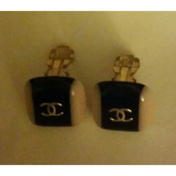 Vintage Authentic Chanel Logo Necklace &  Square Clip Earrings Set ~ Signature - Picture 6 of 11